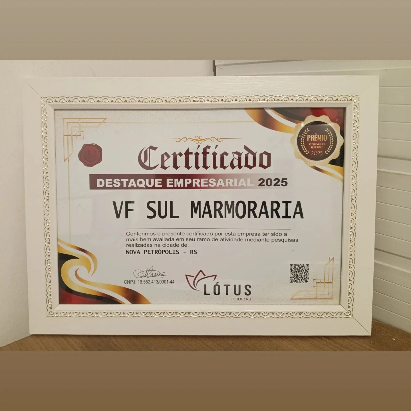 Prêmio de pesquisa de opinião pública recebido pela VFSUL Marmoraria em 2025
